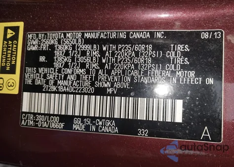 2013 Lexus Rx 350 from USA, damaged, VIN 2T2BK1BA4DC223020